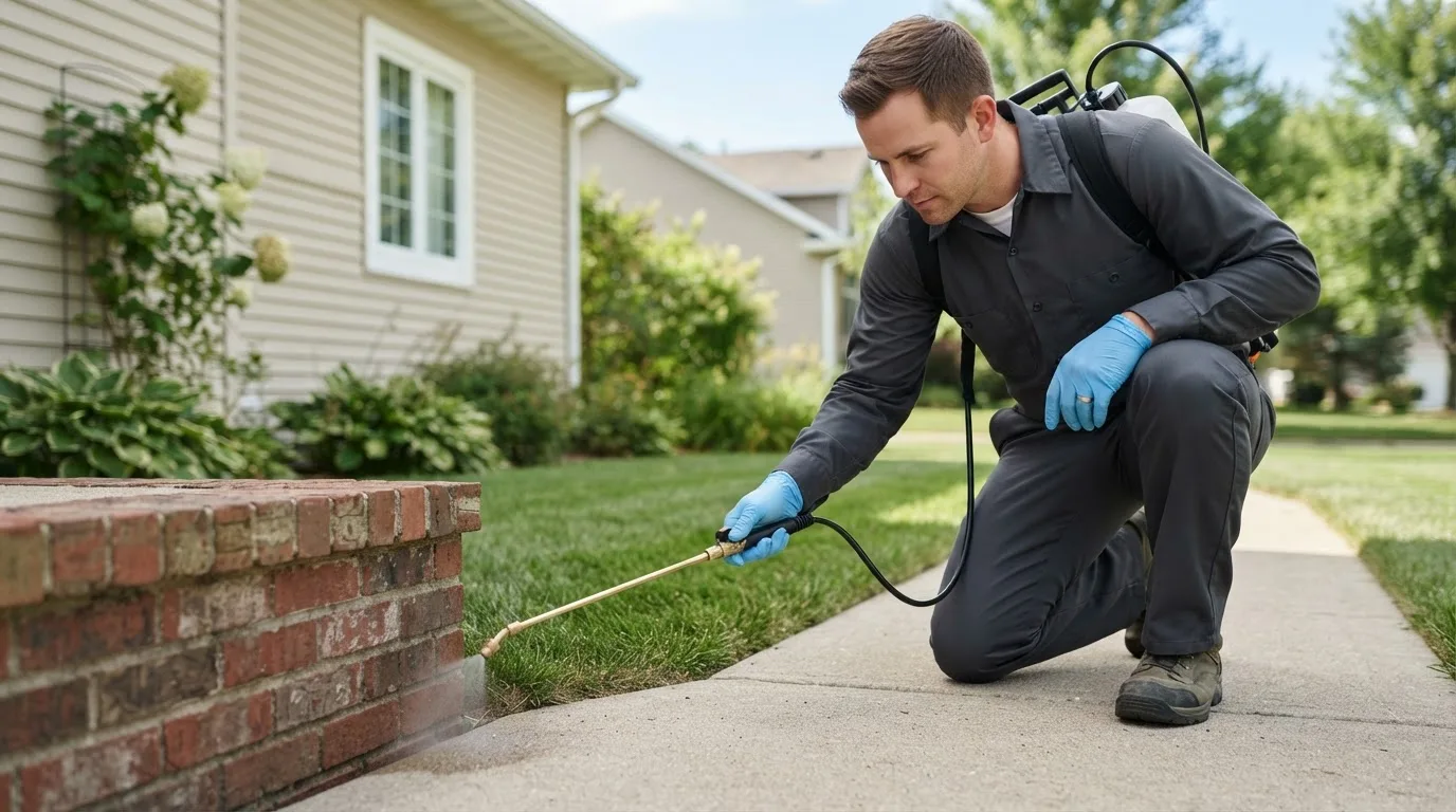 Pest control technician treating a home near Westford, VT